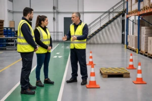 Formateur sécurité sensibilisant une équipe à la prévention des chutes au travail